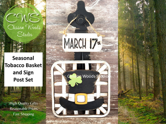 St. Patrick's Day Hat Set Black Stand Tobacco Basket Sign Post and Sign