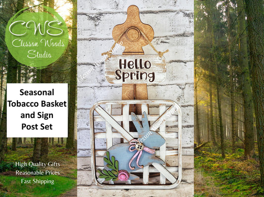 Hello Spring Bunny Set Stained Stand Tobacco Basket Sign Post and Sign