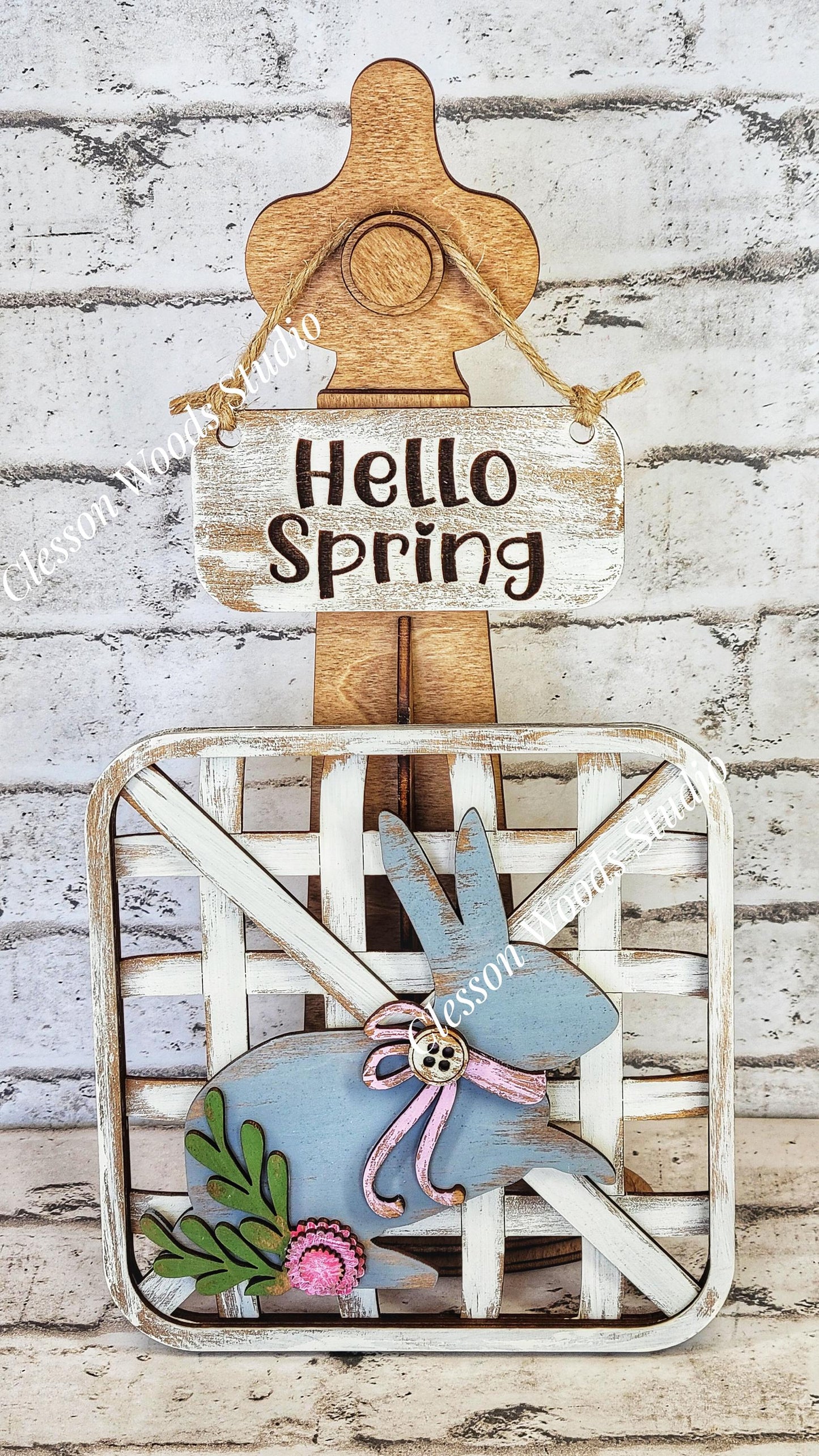 Hello Spring Bunny Set Stained Stand Tobacco Basket Sign Post and Sign