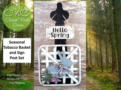 Hello Spring Bunny Set Black Stand Tobacco Basket Sign Post and Sign