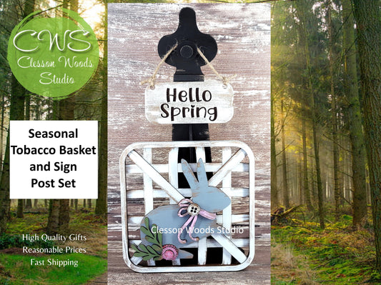 Hello Spring Bunny Set Black Stand Tobacco Basket Sign Post and Sign