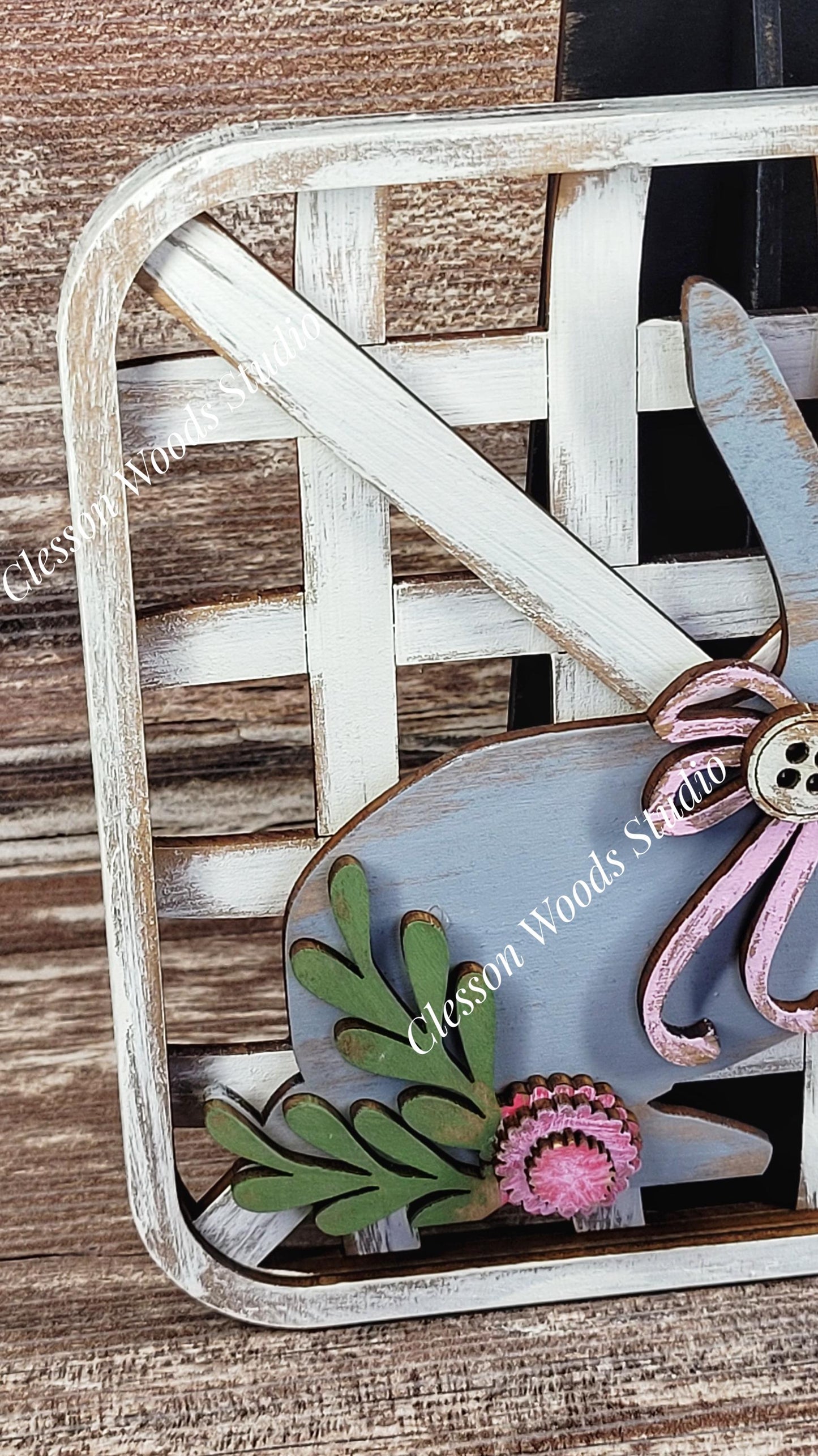 Hello Spring Bunny Set Black Stand Tobacco Basket Sign Post and Sign