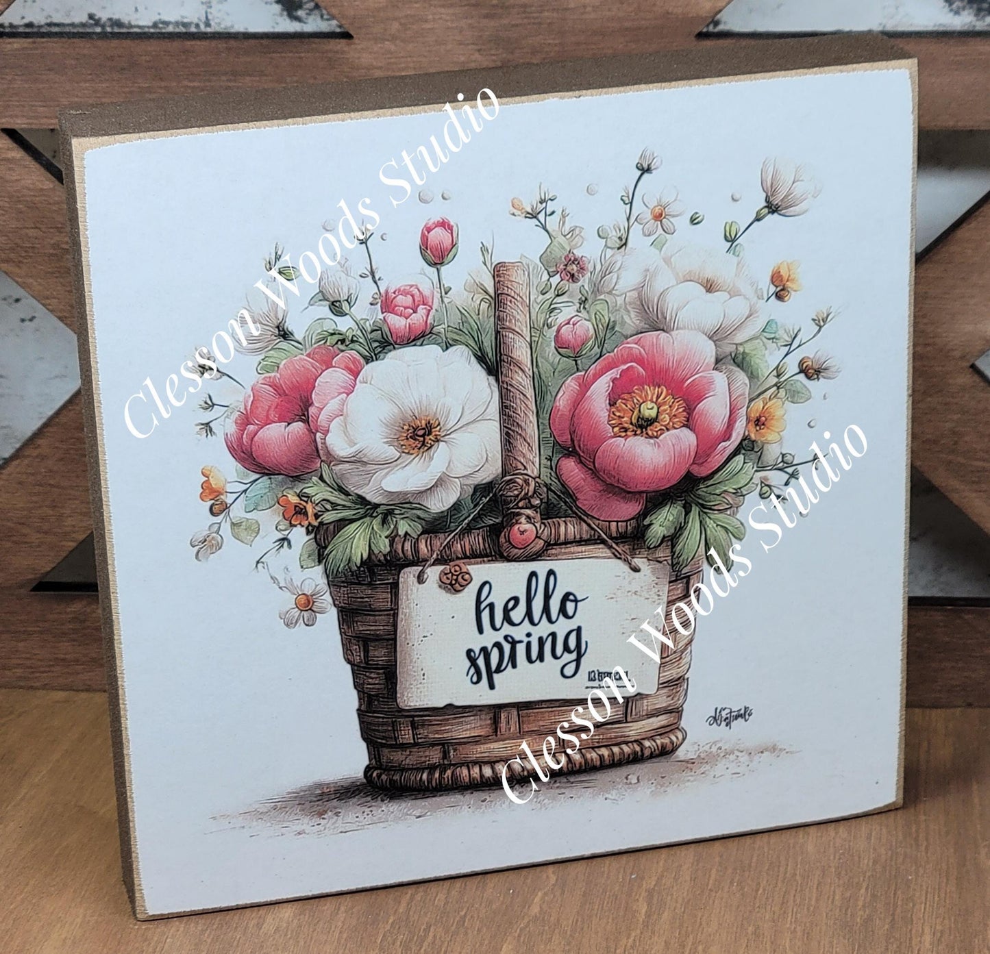 Hello Spring Flower Basket 1 Wood Block Sign