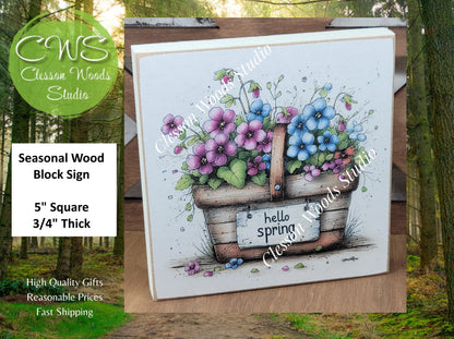 Hello Spring Flower Basket 2 Wood Block Sign