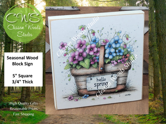 Hello Spring Flower Basket 2 Wood Block Sign