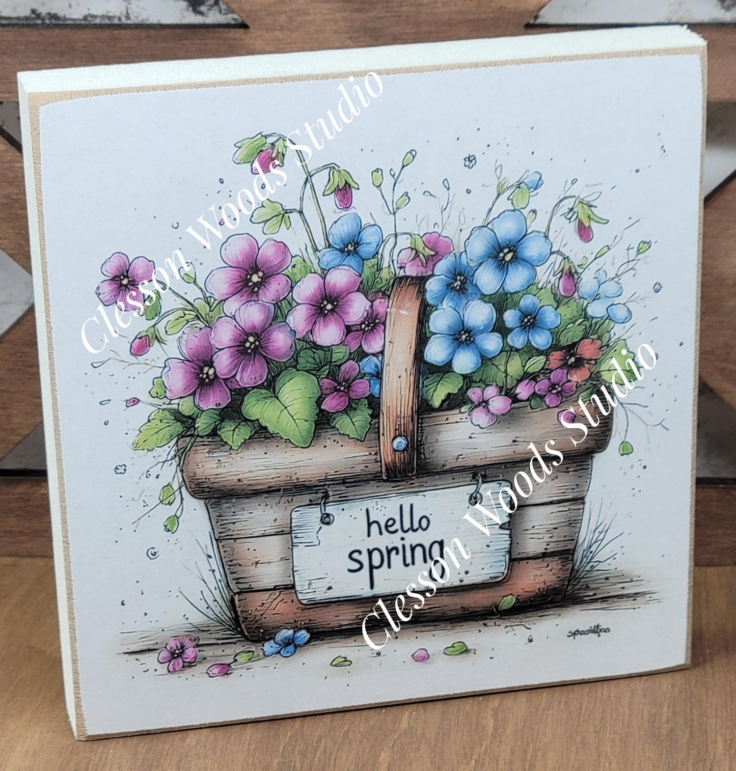 Hello Spring Flower Basket 2 Wood Block Sign