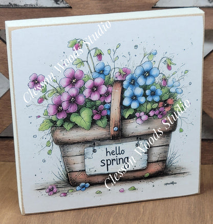 Hello Spring Flower Basket 2 Wood Block Sign