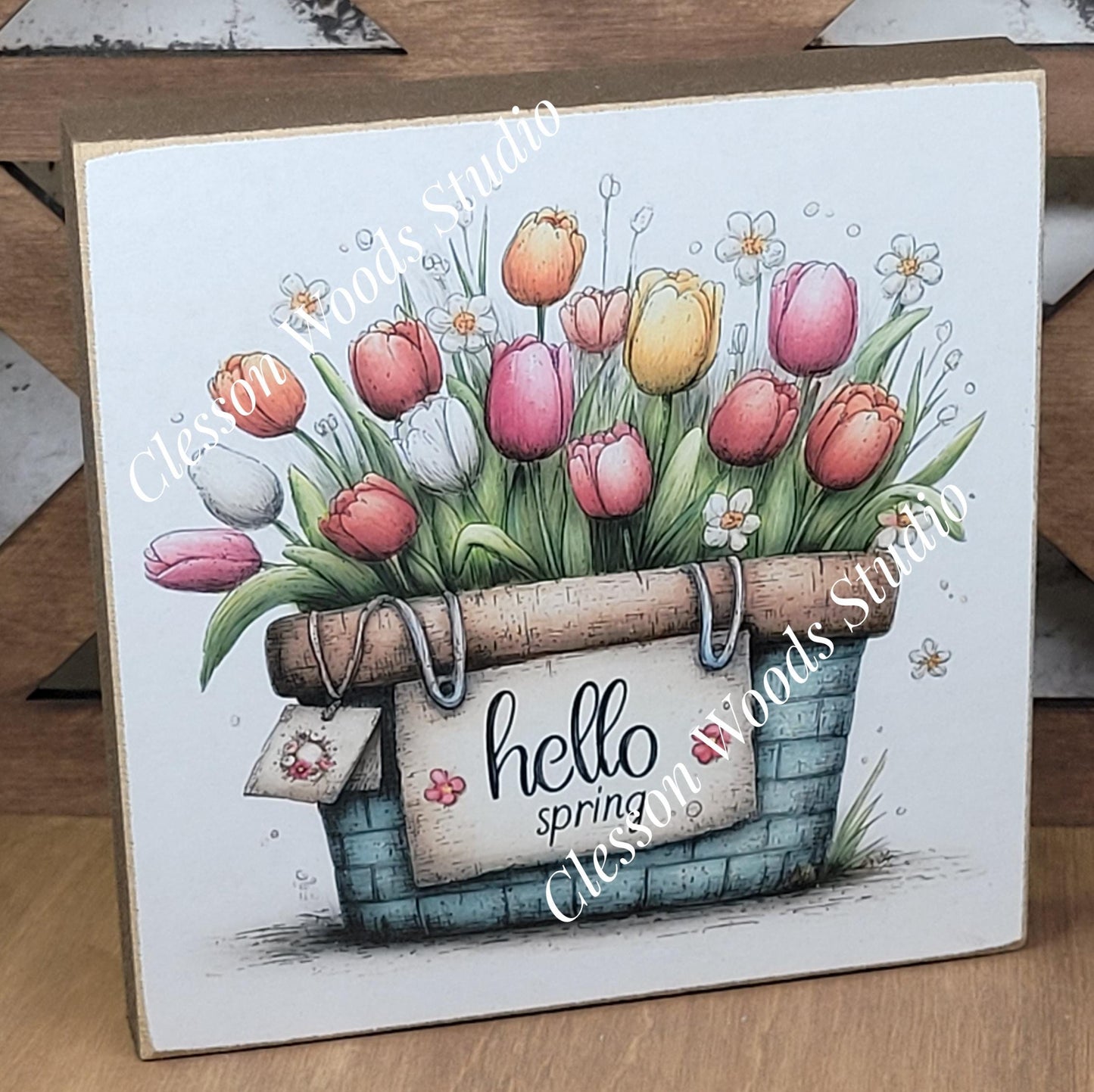 Hello Spring Flower Basket 3 Wood Block Sign