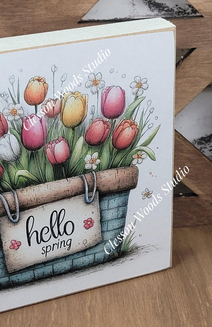 Hello Spring Flower Basket 3 Wood Block Sign