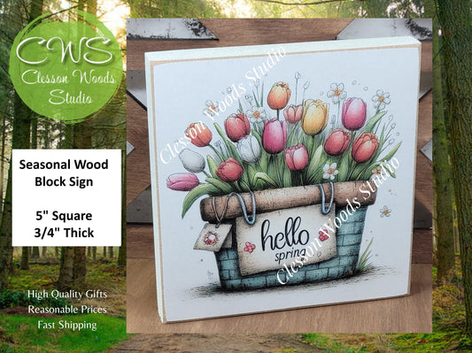 Hello Spring Flower Basket 3 Wood Block Sign