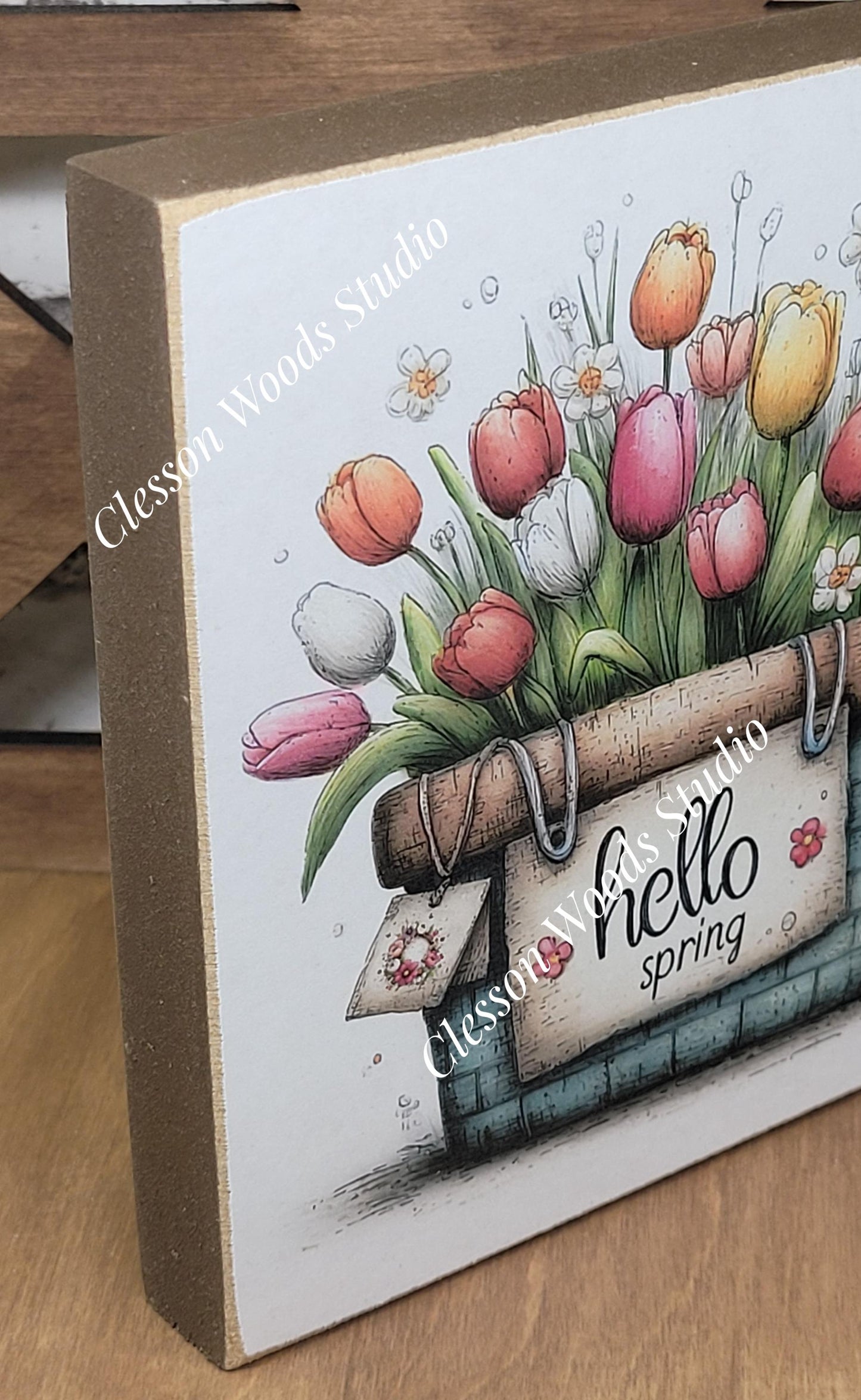 Hello Spring Flower Basket 3 Wood Block Sign