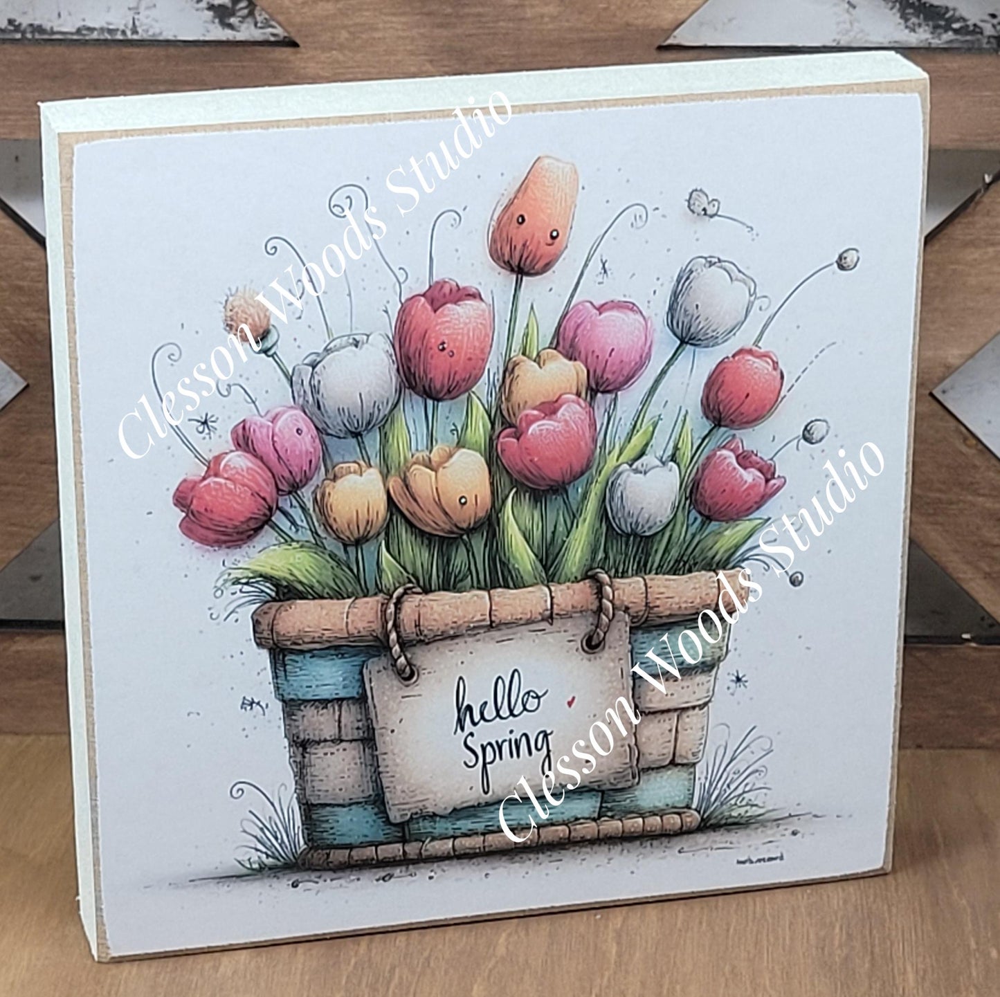 Hello Spring Flower Basket 4 Wood Block Sign