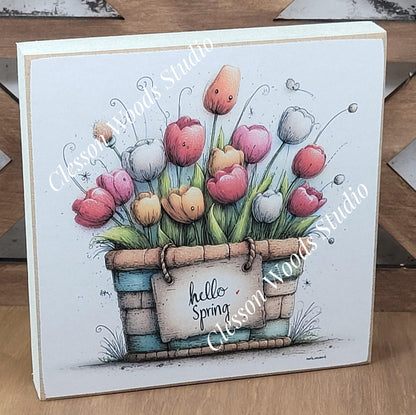 Hello Spring Flower Basket 4 Wood Block Sign