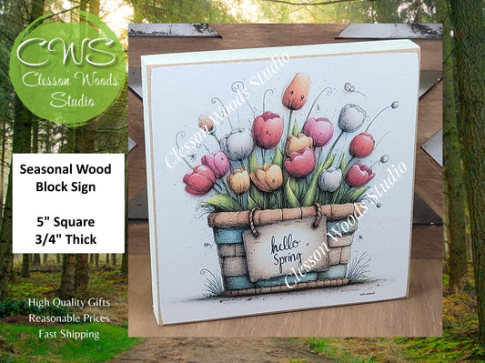 Hello Spring Flower Basket 4 Wood Block Sign