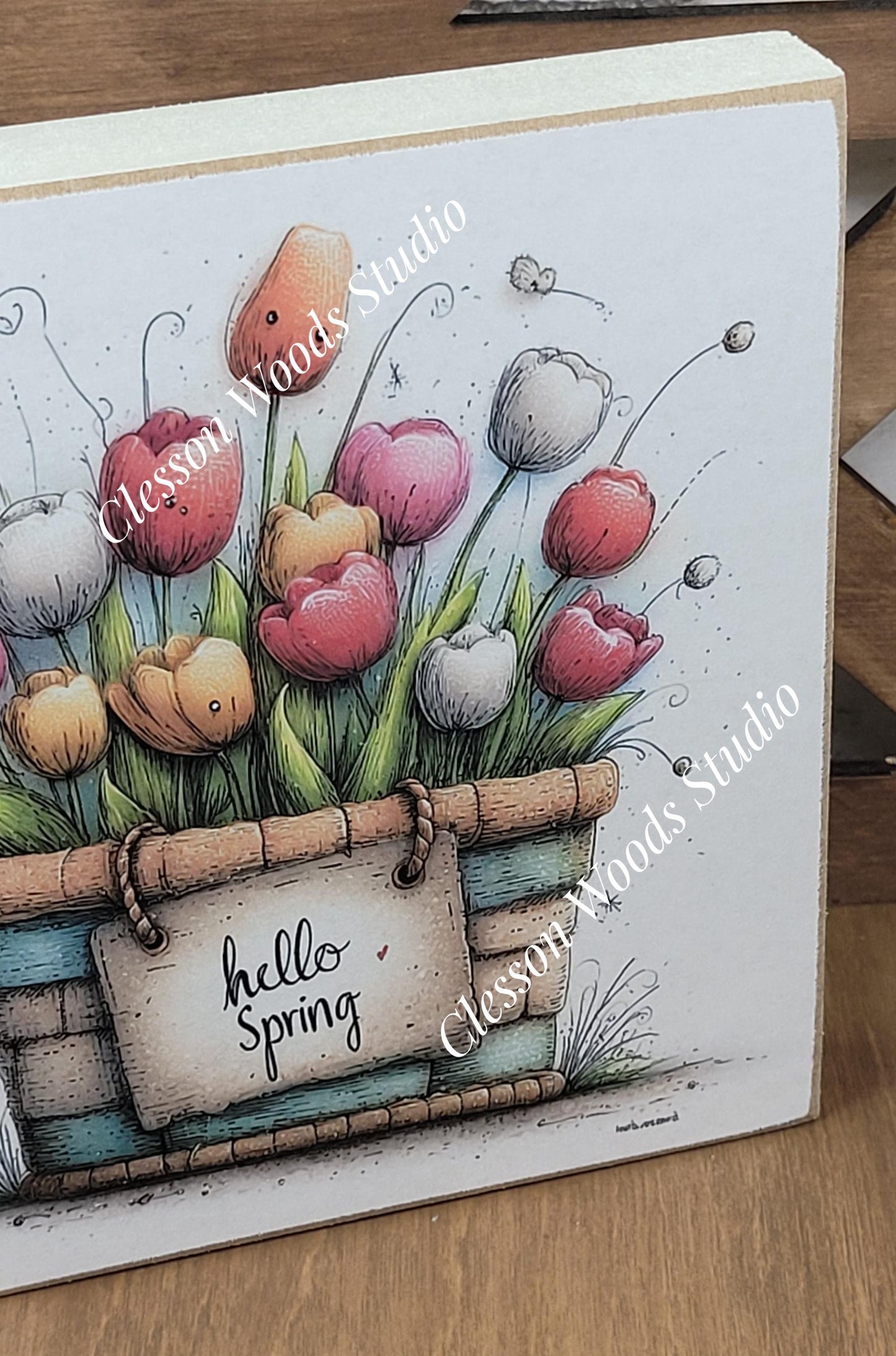 Hello Spring Flower Basket 4 Wood Block Sign
