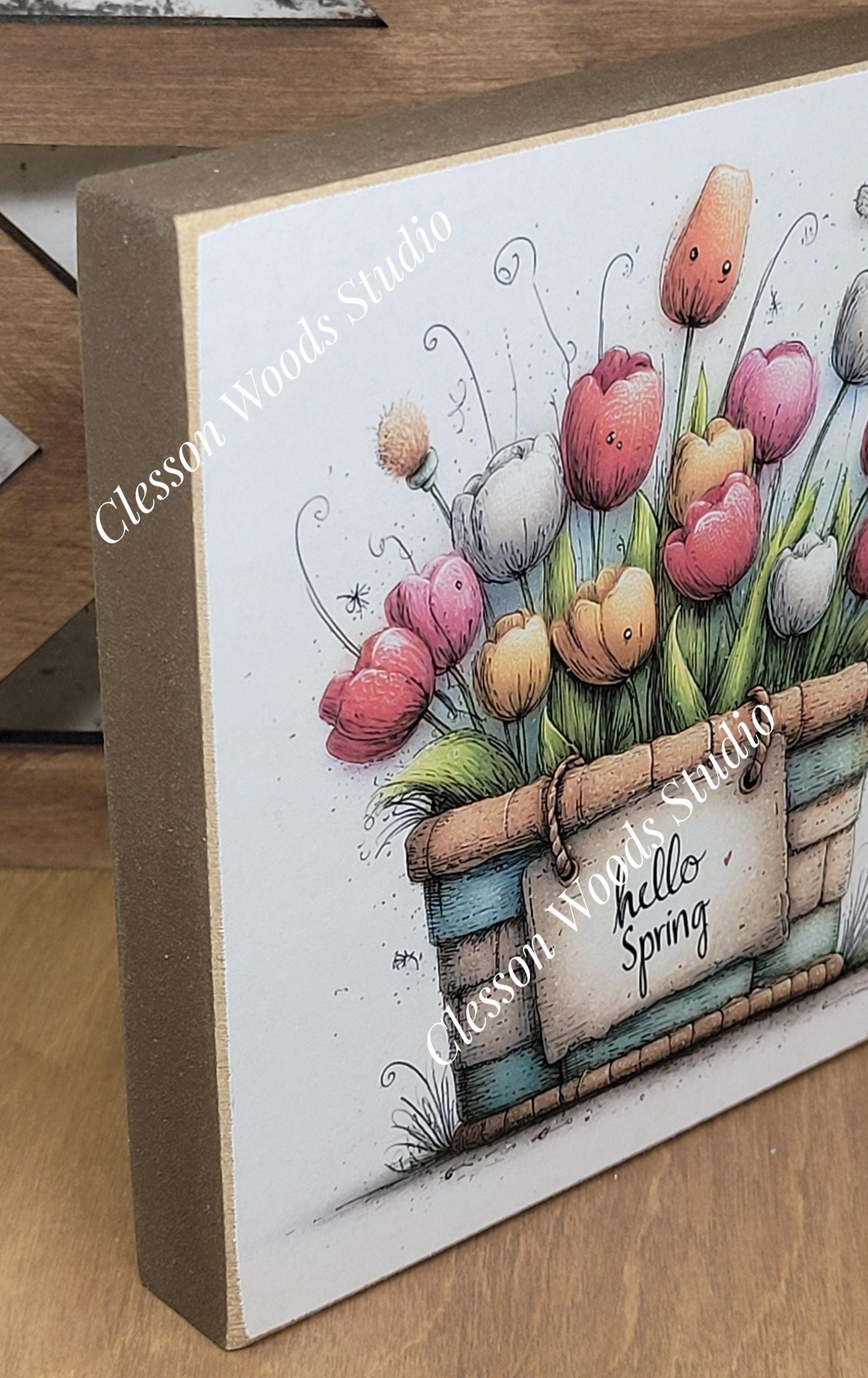 Hello Spring Flower Basket 4 Wood Block Sign