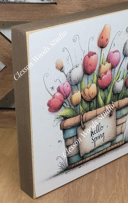 Hello Spring Flower Basket 4 Wood Block Sign