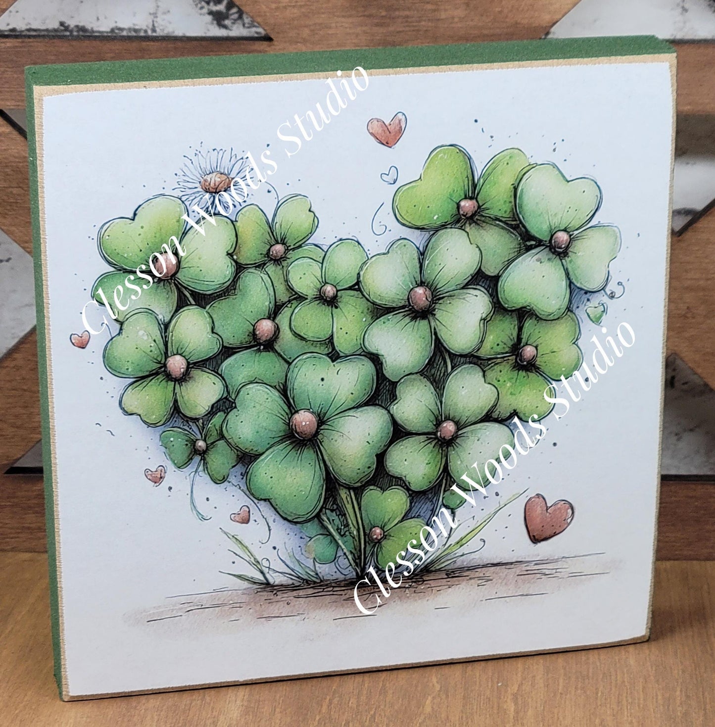 St Patrick's Day Shamrock Heart 2 Wood Block Sign