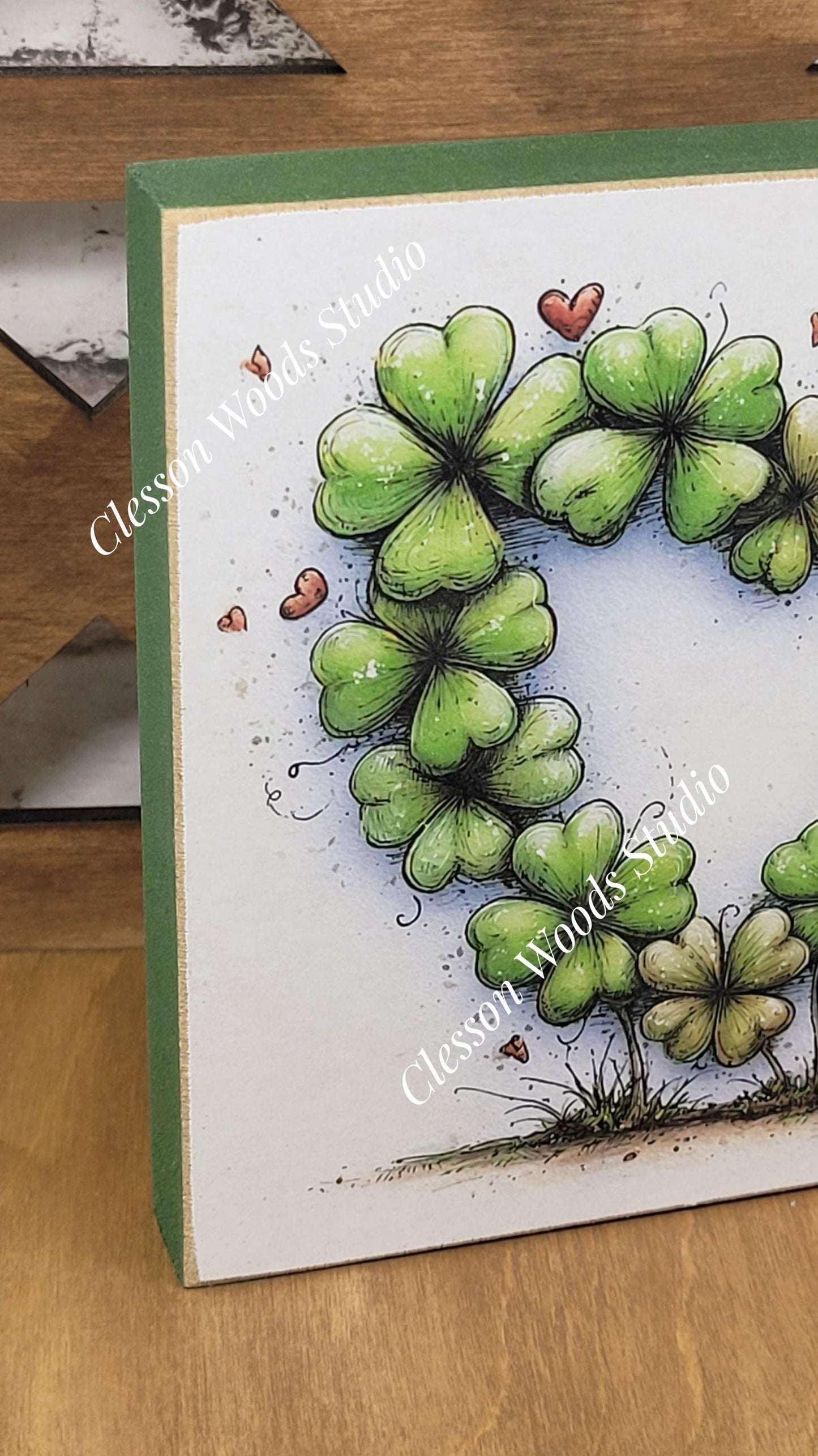 St Patrick's Day Shamrock Heart Wood Block Sign