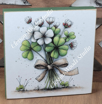 St Patrick's Day Shamrock Bouquet Wood Block Sign