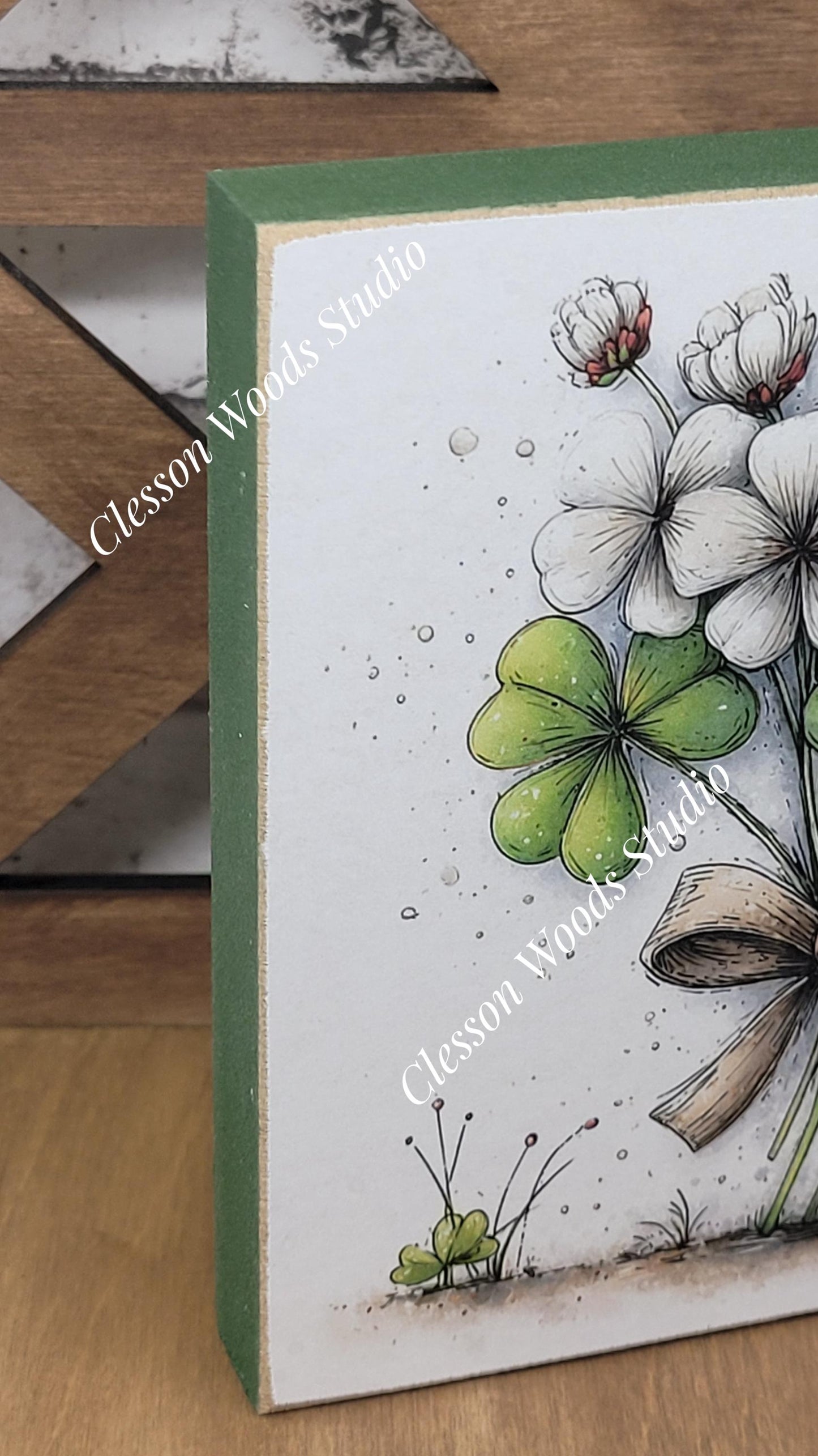 St Patrick's Day Shamrock Bouquet Wood Block Sign
