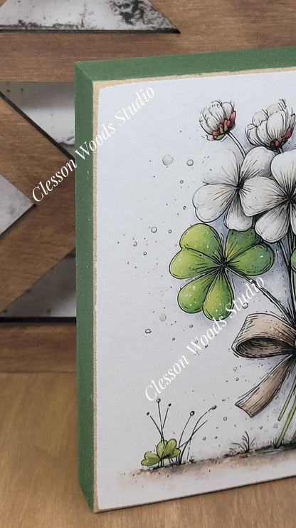 St Patrick's Day Shamrock Bouquet Wood Block Sign