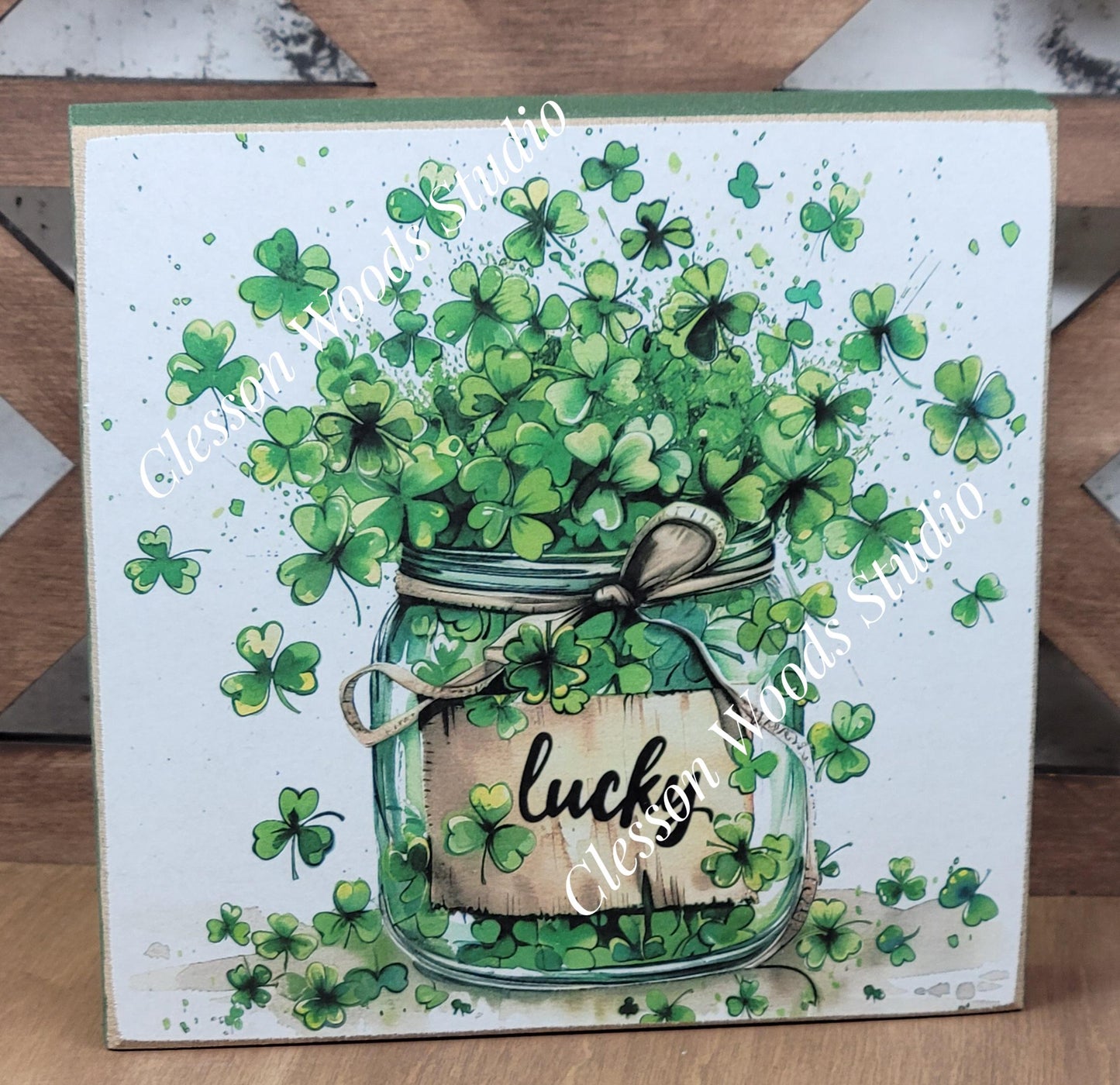 St Patrick's Day Jar of Shamrocks Lucky Wood Block Sign
