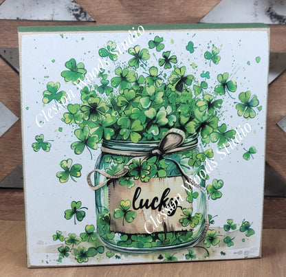 St Patrick's Day Jar of Shamrocks Lucky Wood Block Sign