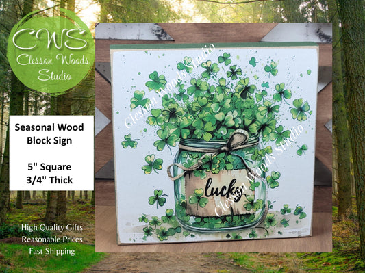 St Patrick's Day Jar of Shamrocks Lucky Wood Block Sign