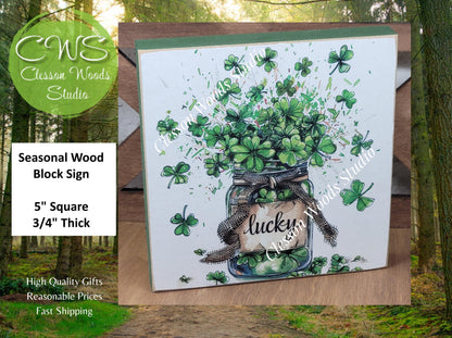 St Patrick's Day Lucky Jar of Shamrocks Wood Block Sign
