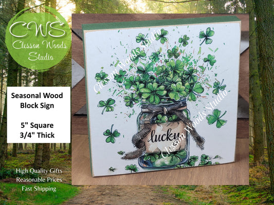 St Patrick's Day Lucky Jar of Shamrocks Wood Block Sign