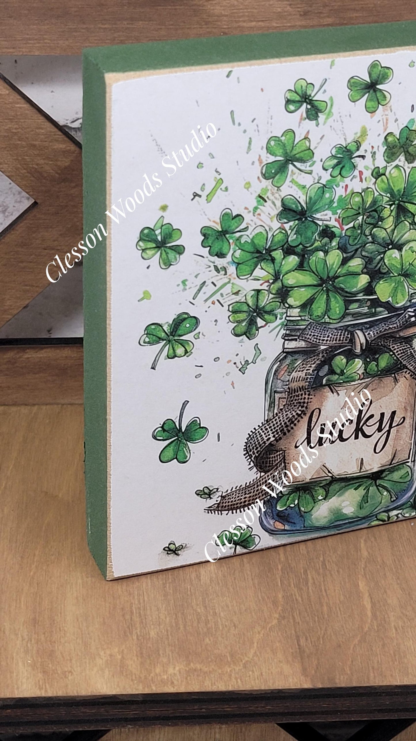 St Patrick's Day Lucky Jar of Shamrocks Wood Block Sign