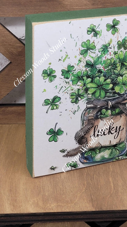 St Patrick's Day Lucky Jar of Shamrocks Wood Block Sign