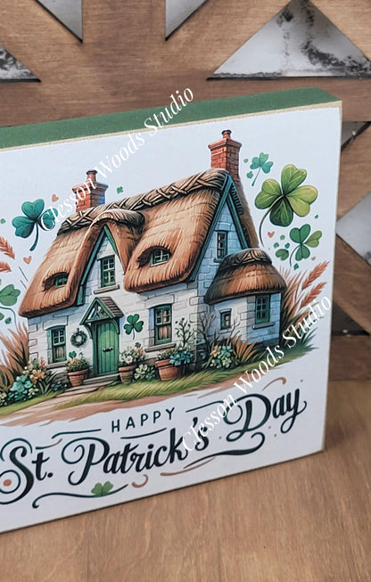 St Patrick's Day Cottage Wood Block Sign