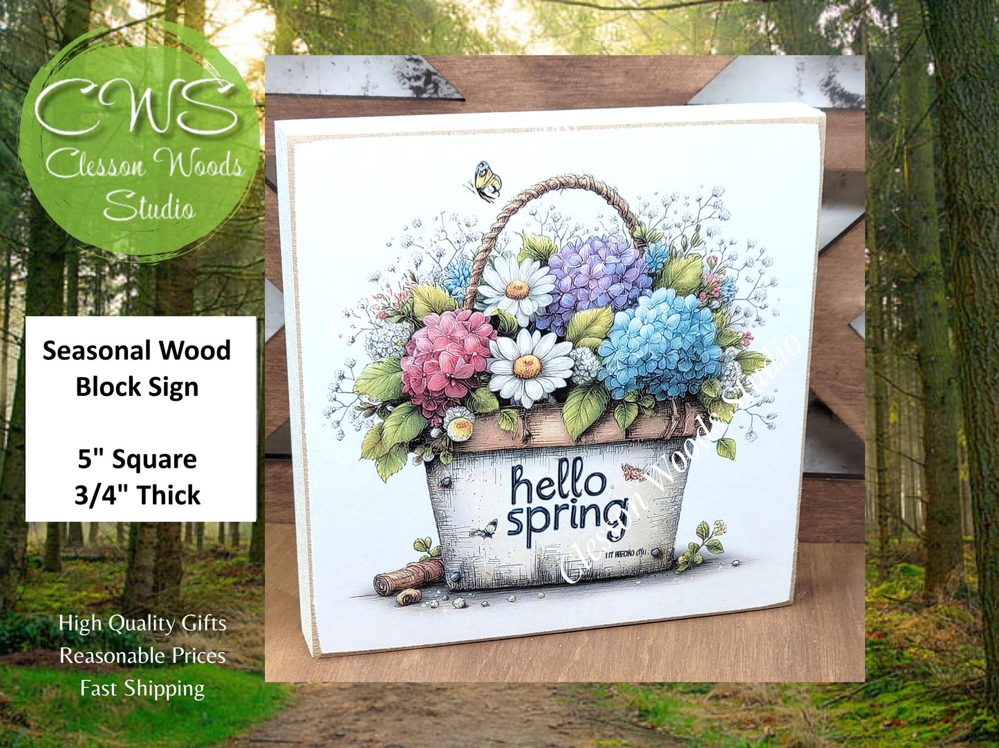 Hello Spring Flower Basket 6 Wood Block Sign