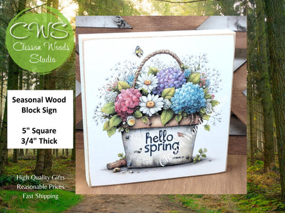 Hello Spring Flower Basket 6 Wood Block Sign
