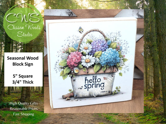Hello Spring Flower Basket 6 Wood Block Sign