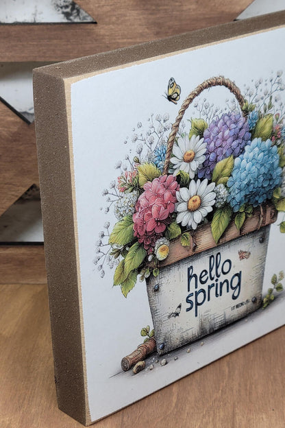 Hello Spring Flower Basket 6 Wood Block Sign