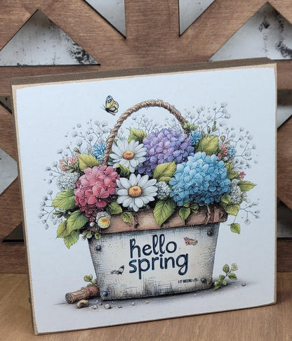 Hello Spring Flower Basket 6 Wood Block Sign