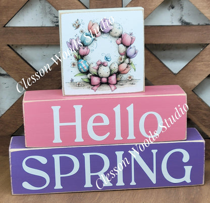 Hello Spring Wood Block Stack Easter Egg Wreath