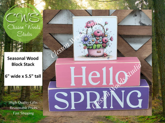 Hello Spring Wood Block Stack Pink Basket of Flowers