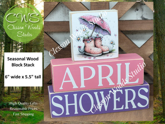 April Showers Wood Block Stack Umbrella and Boots