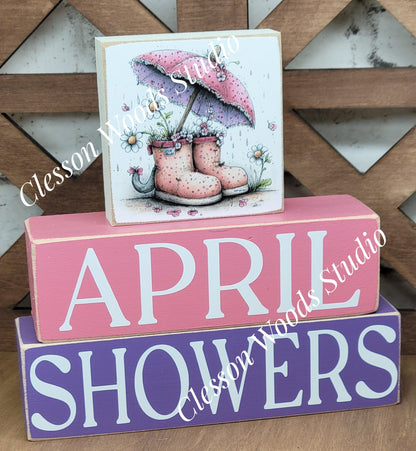 April Showers Wood Block Stack Umbrella and Boots