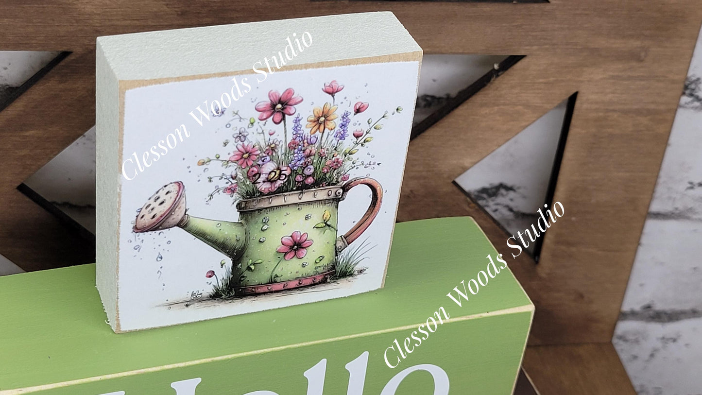 Hello Spring Wood Block Stack Green Watering Can
