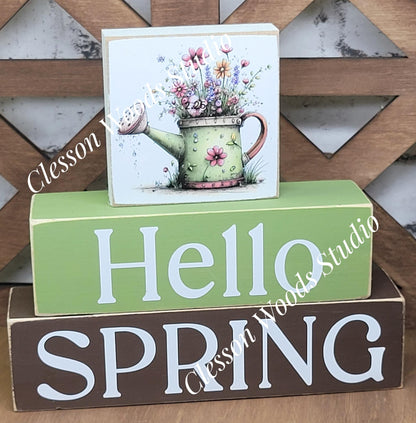 Hello Spring Wood Block Stack Green Watering Can