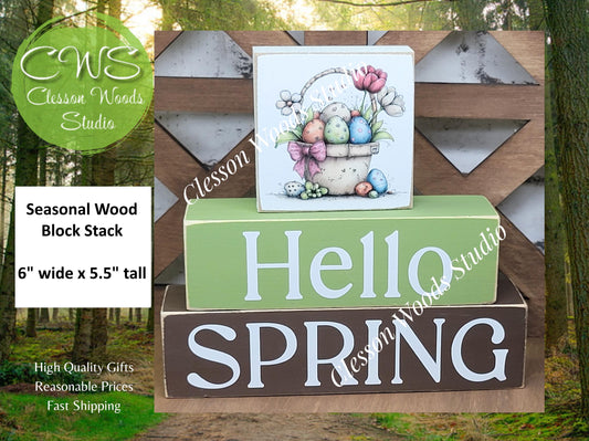 Hello Spring Wood Block Stack Basket of Easter Eggs