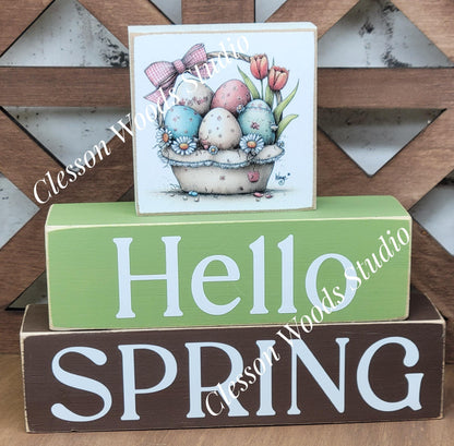 Hello Spring Wood Block Stack Easter Basket