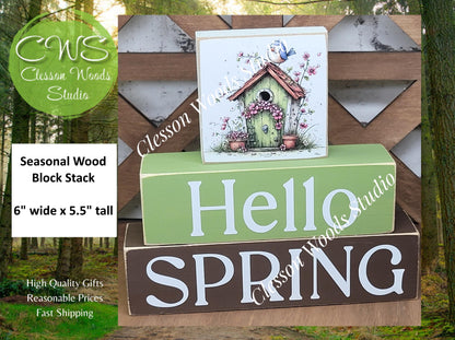 Hello Spring Wood Block Stack Easter Birdhouse