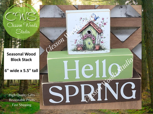 Hello Spring Wood Block Stack Easter Birdhouse