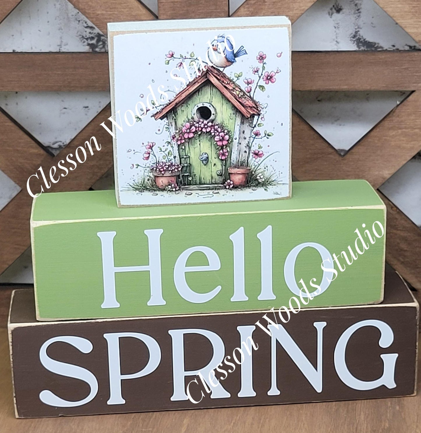 Hello Spring Wood Block Stack Easter Birdhouse